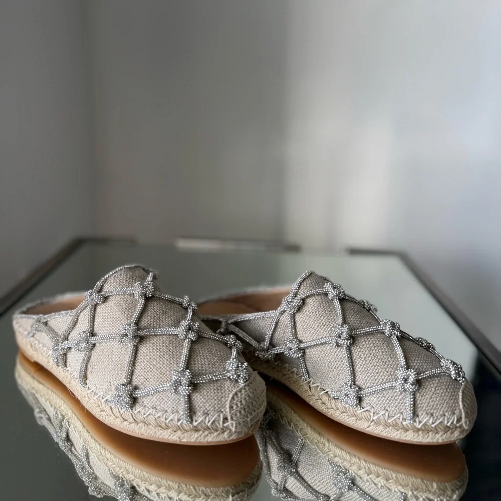 New VALENTINO GARAVANI Crystal-embellished linen espadrille mules $1,150 35